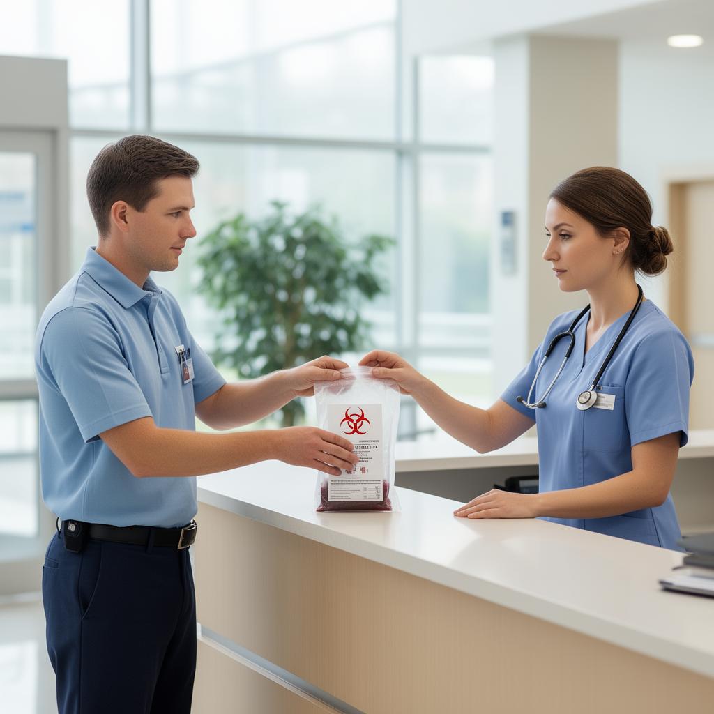 Professional medical courier delivering specimens to hospital